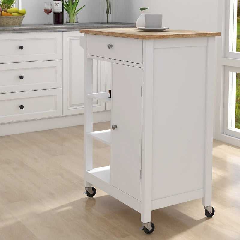 Nestfair White Kitchen Cart with Towel Rack and Wood Table Top