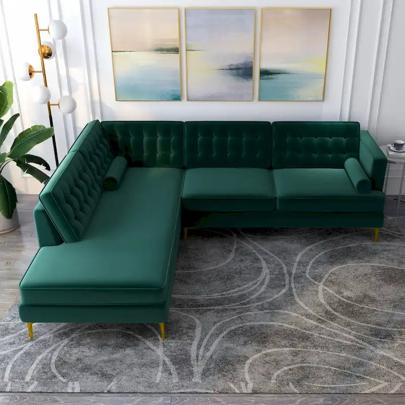 Caterina Velvet Modern Tufted Living Room Corner Sectional Sofa in Dark Green