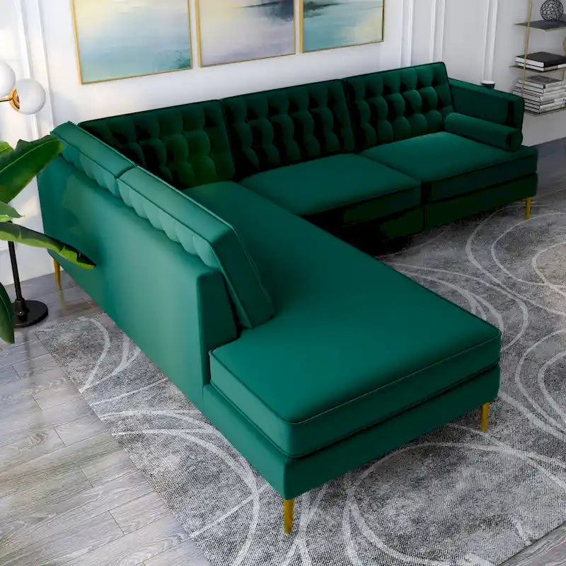Caterina Velvet Modern Tufted Living Room Corner Sectional Sofa in Dark Green