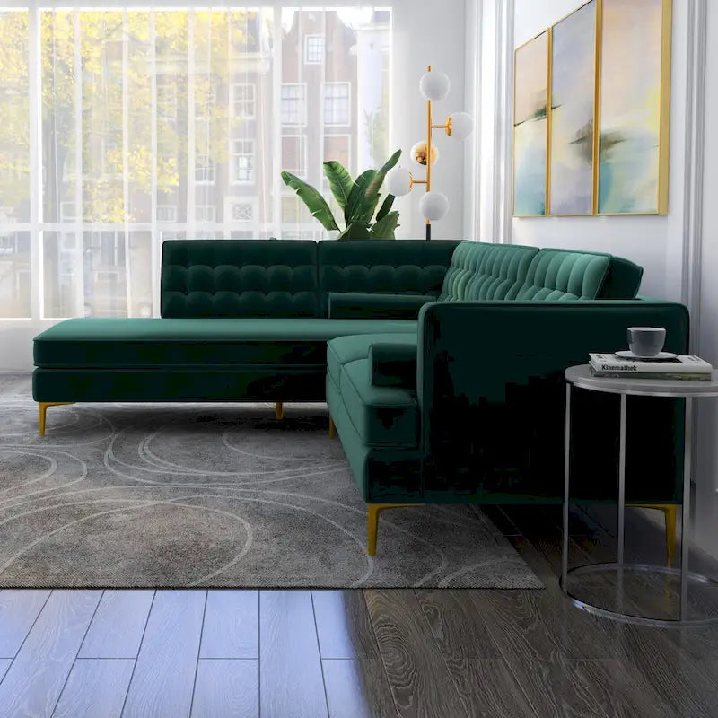 Caterina Velvet Modern Tufted Living Room Corner Sectional Sofa in Dark Green