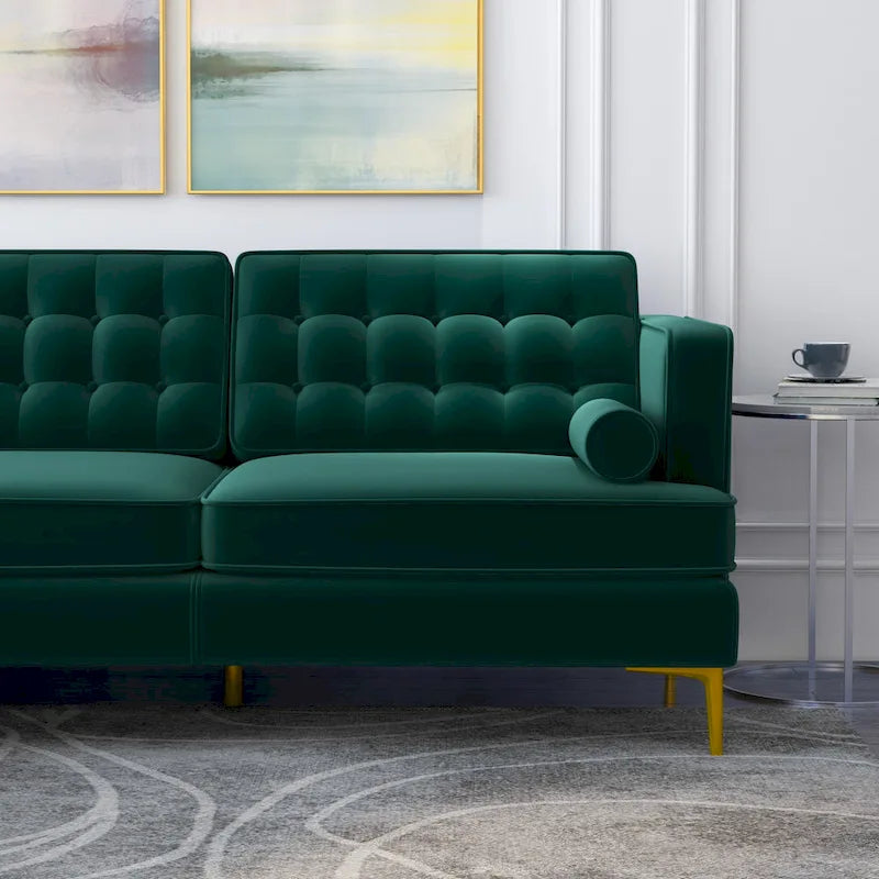 Caterina Velvet Modern Tufted Living Room Corner Sectional Sofa in Dark Green