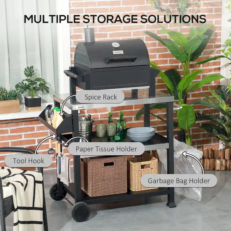 Outsunny Three-Shelf Outdoor Grill Cart with Stainless Steel Tabletop, Side Handle, 32 x 20.5 Multifunctional Pizza Oven Stand