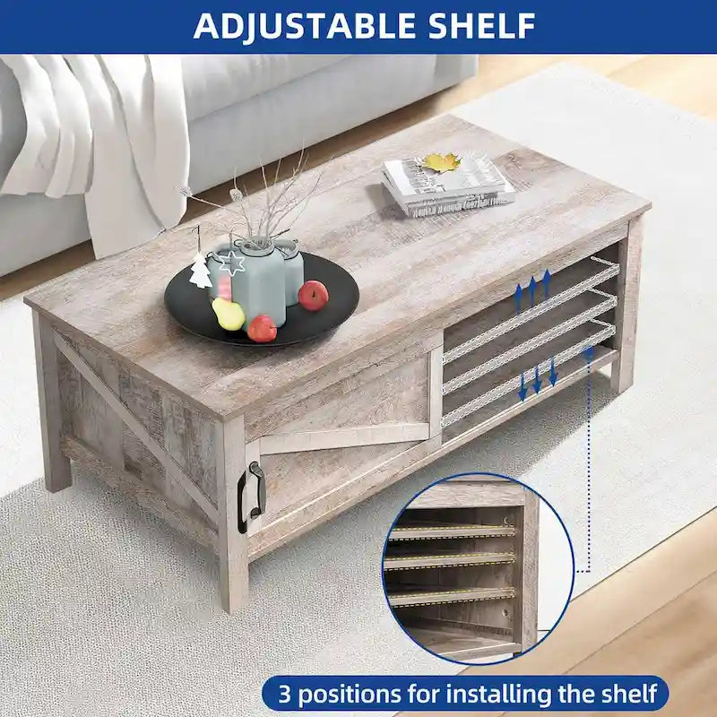 Moasis Farmhouse Rectangle Coffee Table with Adjustable Shelves and Sliding Barn Door