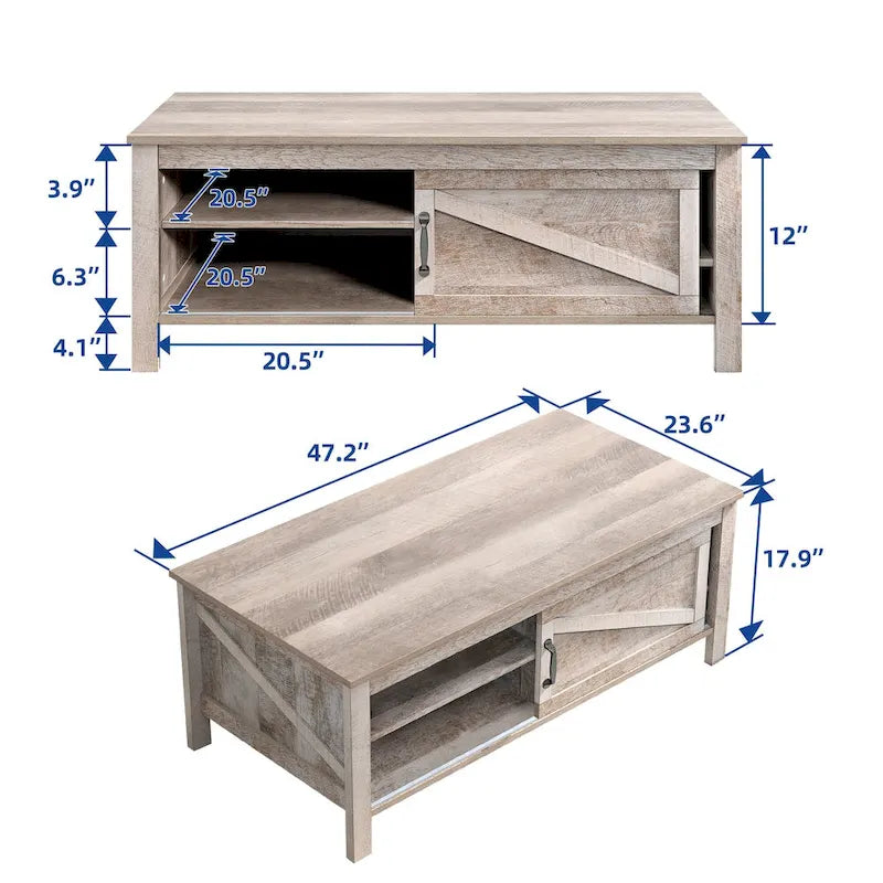 Moasis Farmhouse Rectangle Coffee Table with Adjustable Shelves and Sliding Barn Door