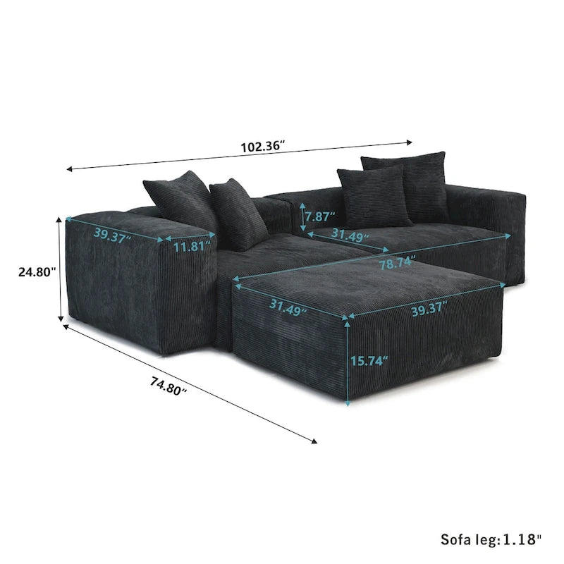 102 Oversized Corduroy Modular Sofa Reversible Couch with Ottoman