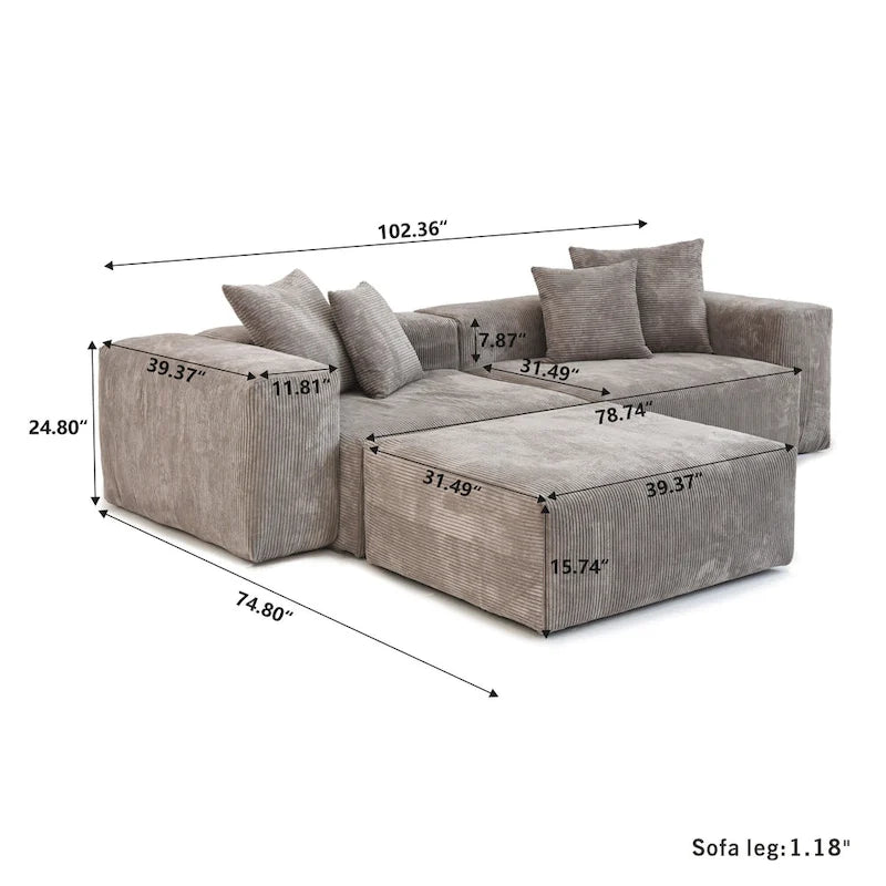 102 Oversized Corduroy Modular Sofa Reversible Couch with Ottoman