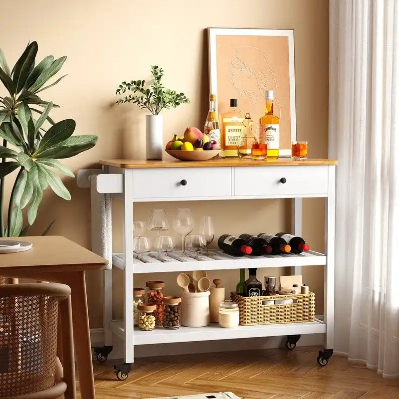 Kitchen Island Cart, Rolling Trolley Utility Cart on Wheels with 2 Drawers and 2 Open Tiers Storage Shelves