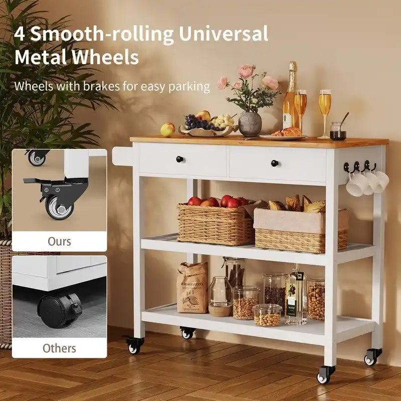 Kitchen Island Cart, Rolling Trolley Utility Cart on Wheels with 2 Drawers and 2 Open Tiers Storage Shelves