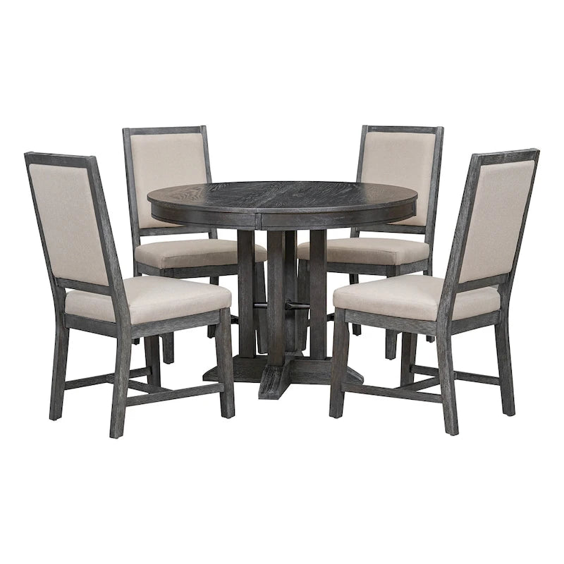 5-Piece Dining Set Extendable Round Table and 4 Upholstered Chairs Farmhouse Dining Set