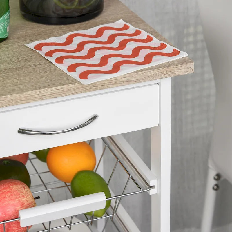 HOMCOM 32.25 Wooden Rolling Kitchen Storage Cart on 360-deg Swivel Wheels with Ample Storage Space & Solid Structure