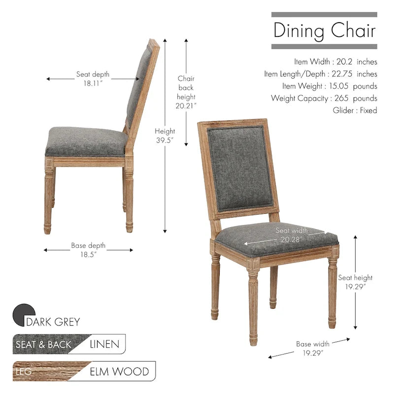 Porthos Home Mako Dining Chairs Set of 2, Rectangular Back, Linen Upholstery, Elm Wood Frame