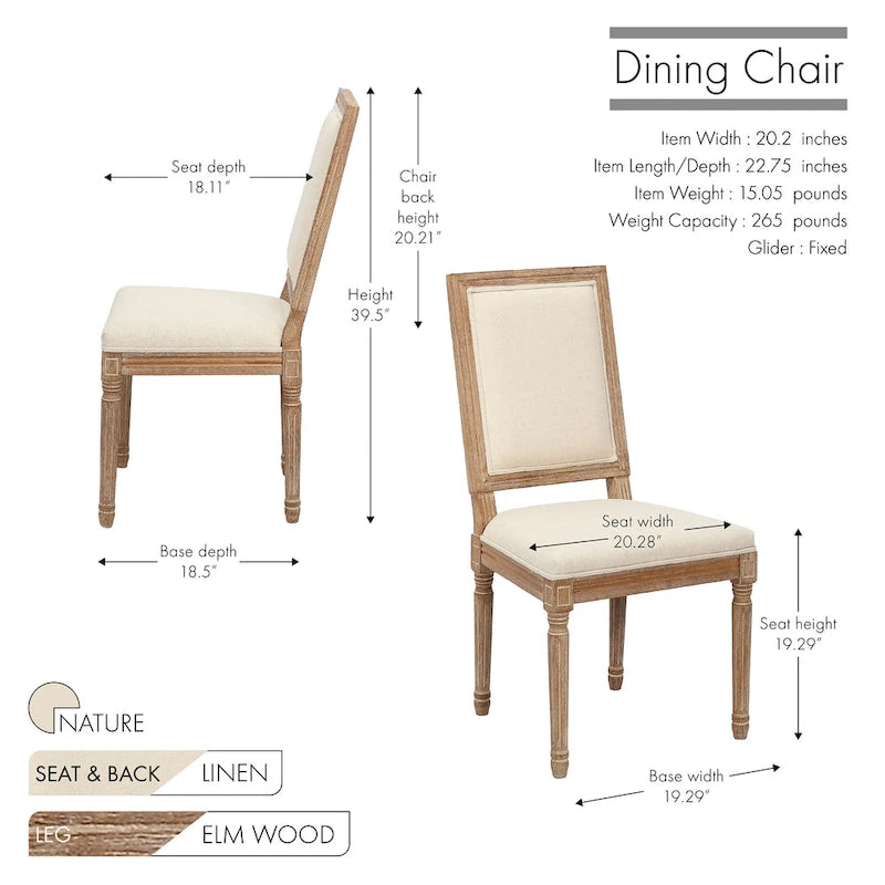 Porthos Home Mako Dining Chairs Set of 2, Rectangular Back, Linen Upholstery, Elm Wood Frame