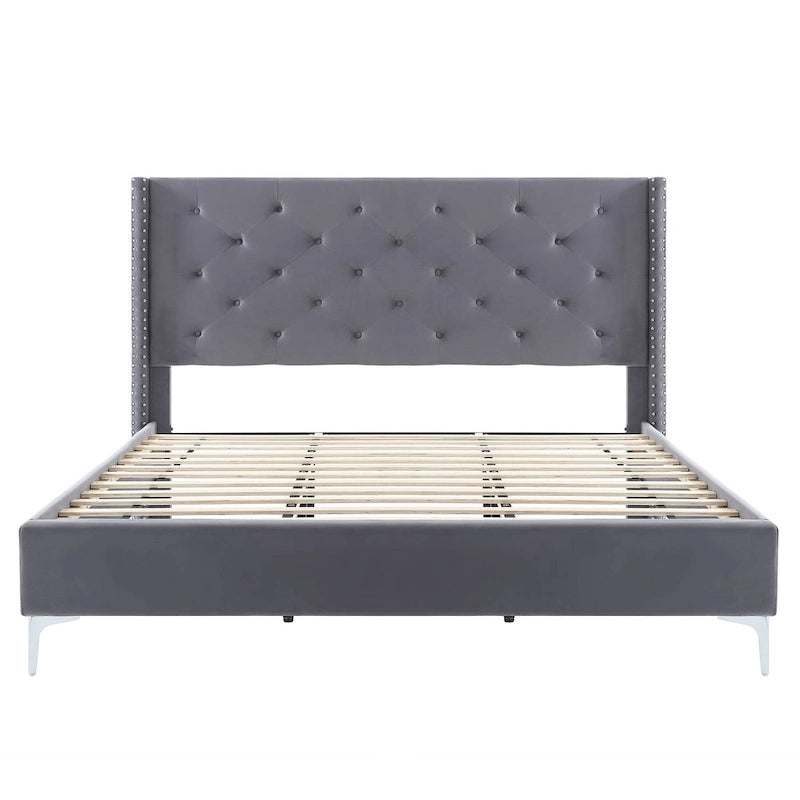 Morden Fort Queen Size Velvet Upholstered Platform Bed Frame with 6 inches Metal Legs