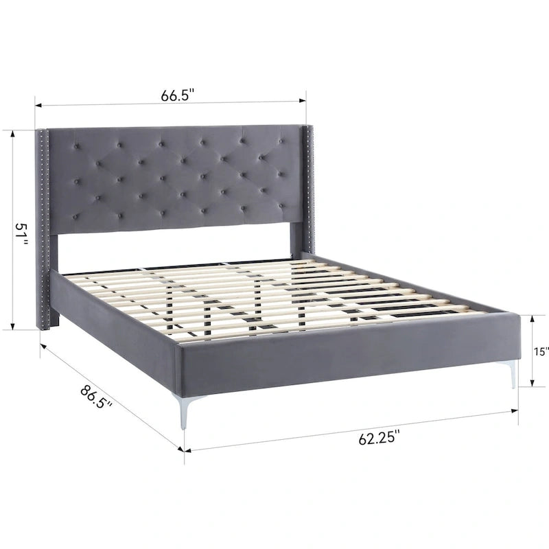 Morden Fort Queen Size Velvet Upholstered Platform Bed Frame with 6 inches Metal Legs
