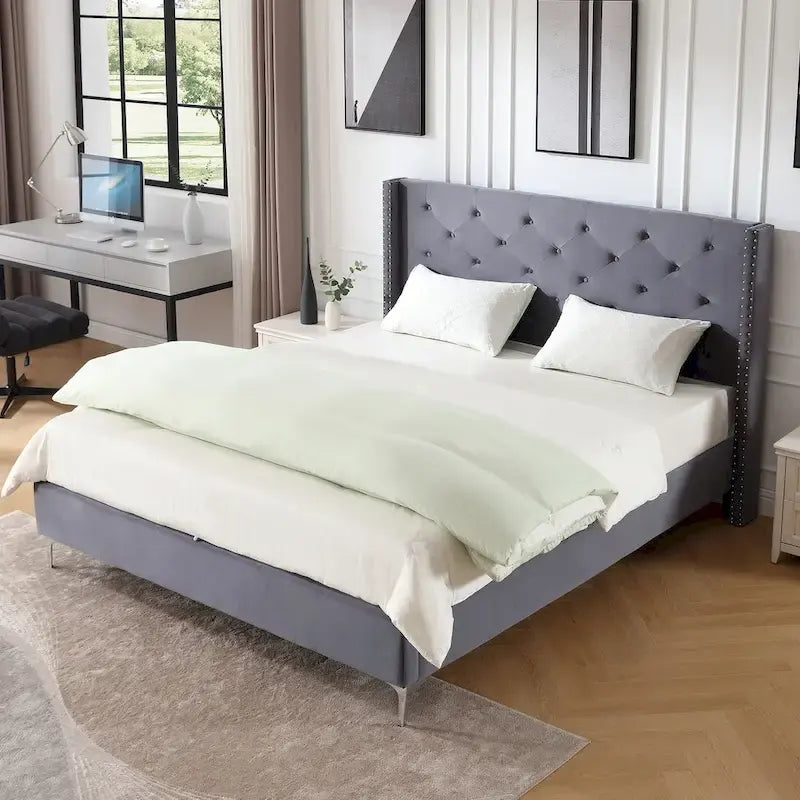 Morden Fort Queen Size Velvet Upholstered Platform Bed Frame with 6 inches Metal Legs