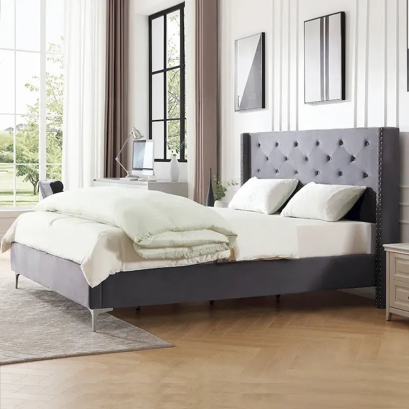 Morden Fort Queen Size Velvet Upholstered Platform Bed Frame with 6 inches Metal Legs