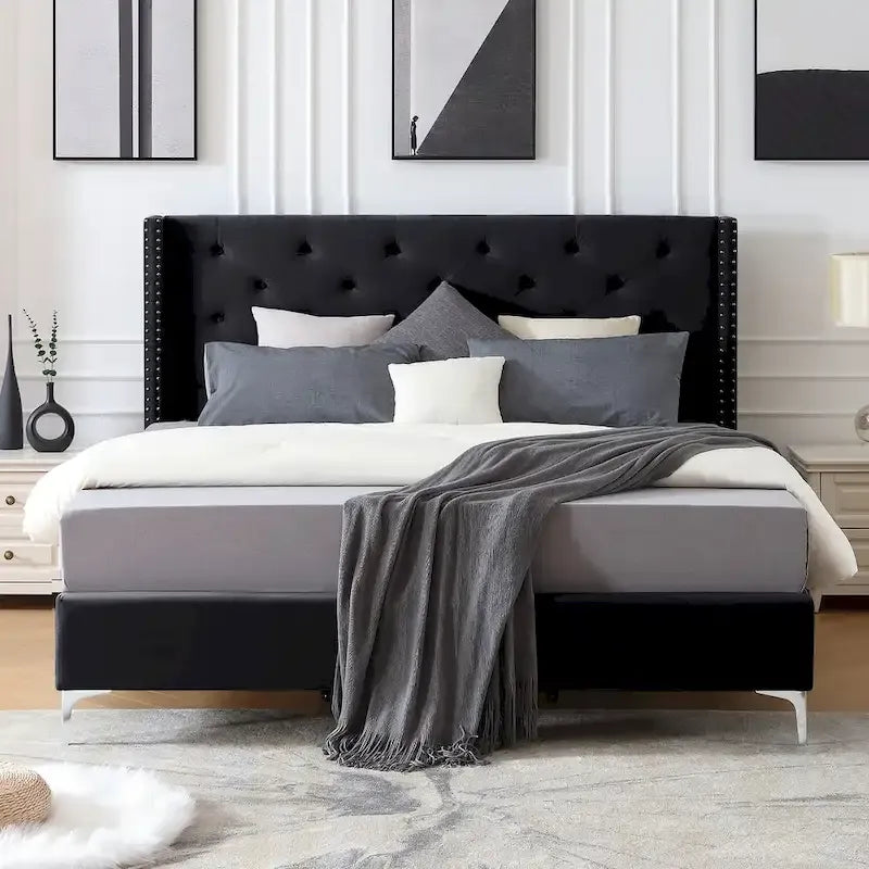 Morden Fort Queen Size Velvet Upholstered Platform Bed Frame with 6 inches Metal Legs