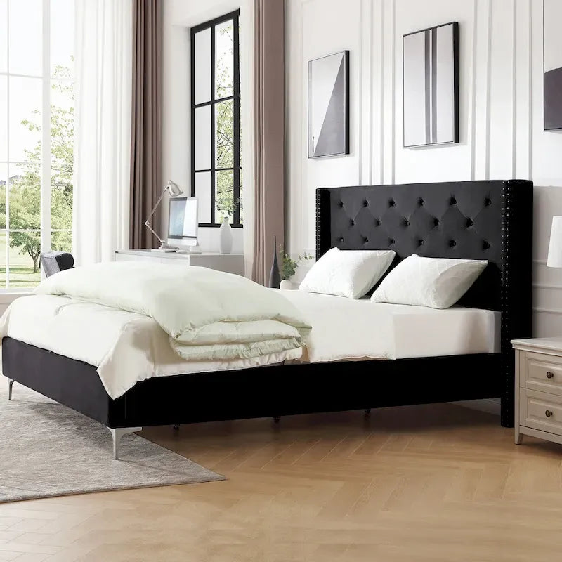 Morden Fort Queen Size Velvet Upholstered Platform Bed Frame with 6 inches Metal Legs