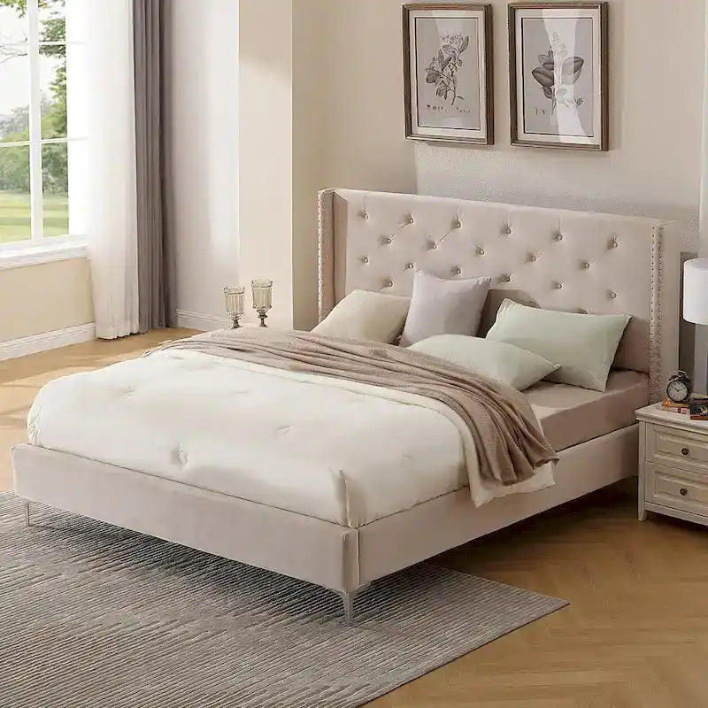 Morden Fort Queen Size Velvet Upholstered Platform Bed Frame with 6 inches Metal Legs