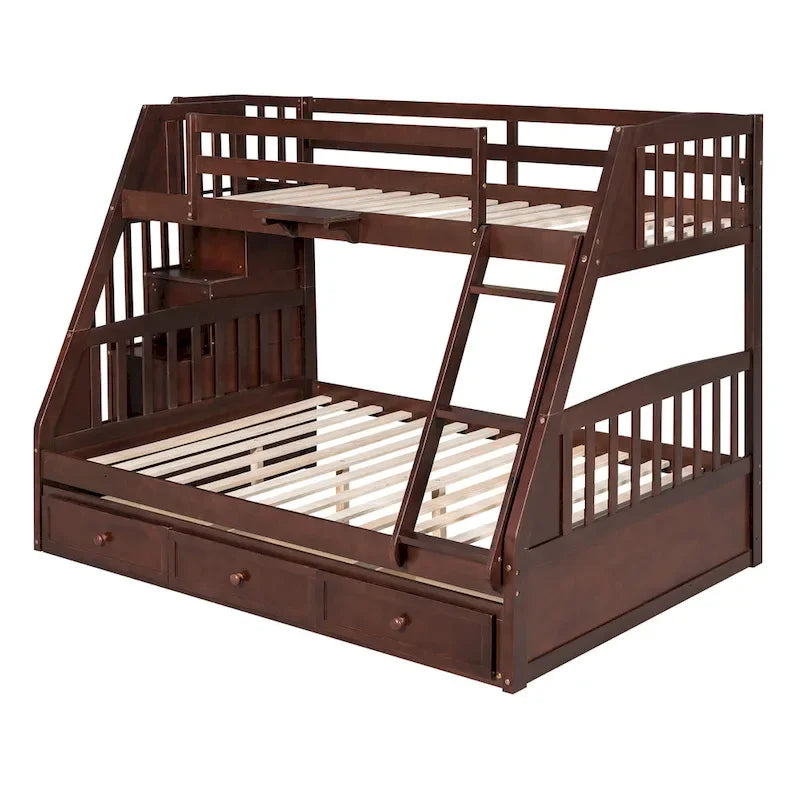 Twin-Over-Full Bunk Bed with Drawers_Ladder and Storage Staircase, Espresso