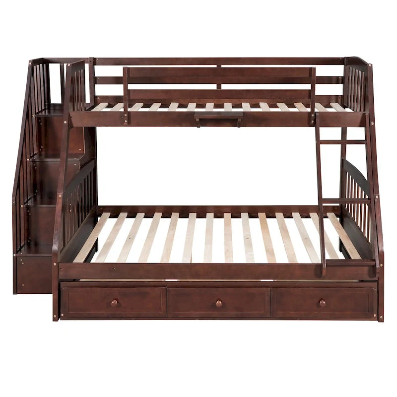 Twin-Over-Full Bunk Bed with Drawers_Ladder and Storage Staircase, Espresso