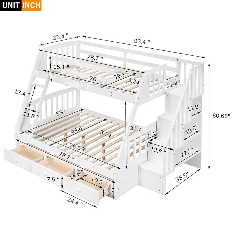 Twin-Over-Full Bunk Bed with Drawers_Ladder and Storage Staircase, Espresso