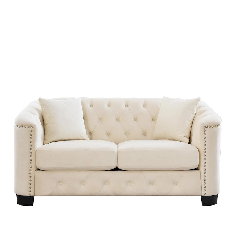 59-Inch Modern Chesterfield Velvet Sofa, 2-Seater Sofa, Upholstered Tufted Backrests with Nailhead Arms and 2 Cushions for Livin