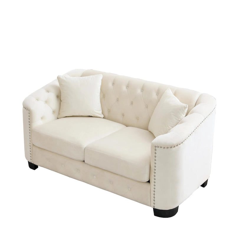 59-Inch Modern Chesterfield Velvet Sofa, 2-Seater Sofa, Upholstered Tufted Backrests with Nailhead Arms and 2 Cushions for Livin