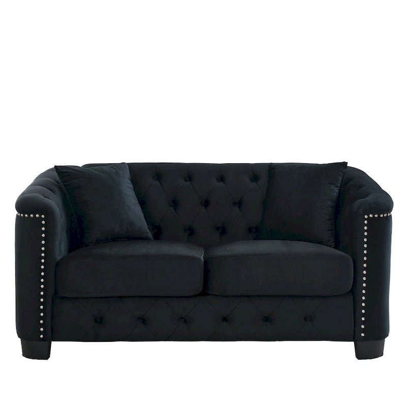 59-Inch Modern Chesterfield Velvet Sofa, 2-Seater Sofa, Upholstered Tufted Backrests with Nailhead Arms and 2 Cushions for Livin