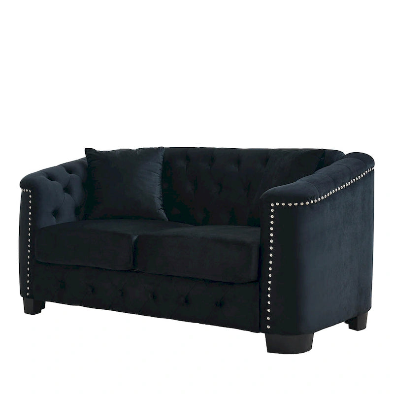 59-Inch Modern Chesterfield Velvet Sofa, 2-Seater Sofa, Upholstered Tufted Backrests with Nailhead Arms and 2 Cushions for Livin