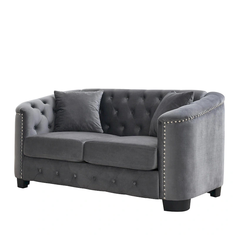 59-Inch Modern Chesterfield Velvet Sofa, 2-Seater Sofa, Upholstered Tufted Backrests with Nailhead Arms and 2 Cushions for Livin