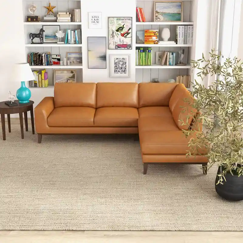 Miami Mid Century Living Room Top Leather Corner Sectional Sofa in Tan