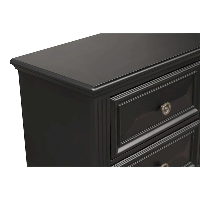 Roundhill Furniture Renova Vintage Black Wood Bedroom Set, Panel Bed, Dresser, Mirror, Two Nightstands