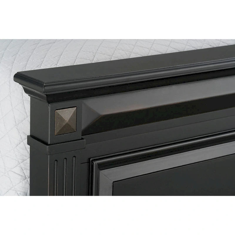 Roundhill Furniture Renova Vintage Black Wood Bedroom Set, Panel Bed, Dresser, Mirror, Two Nightstands