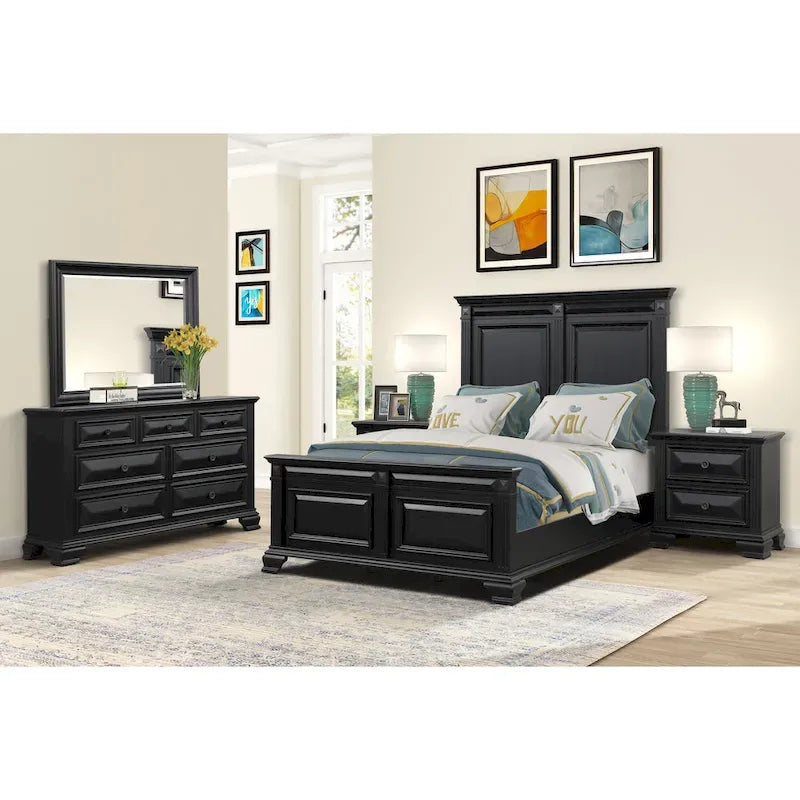 Roundhill Furniture Renova Vintage Black Wood Bedroom Set, Panel Bed, Dresser, Mirror, Two Nightstands