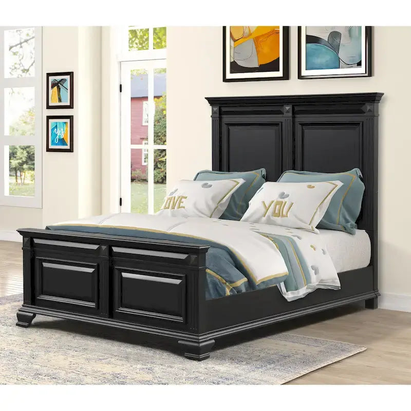 Roundhill Furniture Renova Vintage Black Wood Bedroom Set, Panel Bed, Dresser, Mirror, Two Nightstands