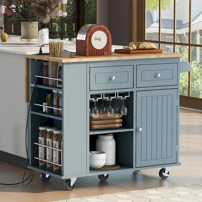 Kitchen Island with Power Outlet,Kitchen Storage Island with Drop Leaf and Rubber Wood - N/A