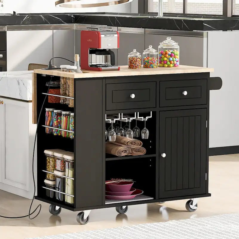 Kitchen Island with Power Outlet,Kitchen Storage Island with Drop Leaf and Rubber Wood - N/A