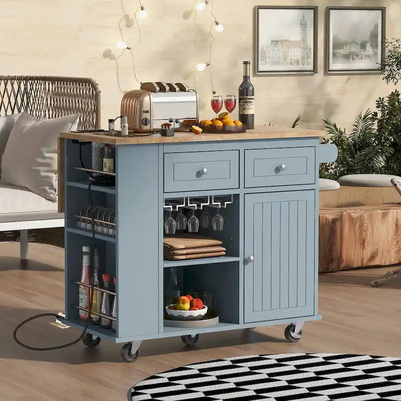Kitchen Island with Power Outlet,Kitchen Storage Island with Drop Leaf and Rubber Wood - N/A