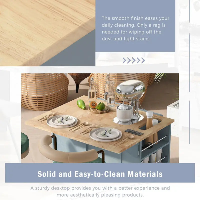 Kitchen Island with Power Outlet,Kitchen Storage Island with Drop Leaf and Rubber Wood - N/A