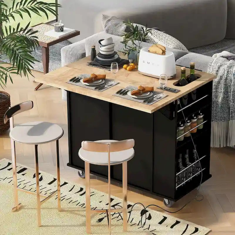 Kitchen Island with Power Outlet,Kitchen Storage Island with Drop Leaf and Rubber Wood - N/A
