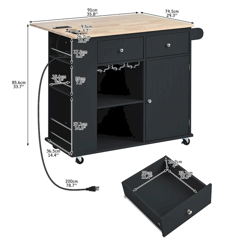 Kitchen Island with Power Outlet,Kitchen Storage Island with Drop Leaf and Rubber Wood - N/A