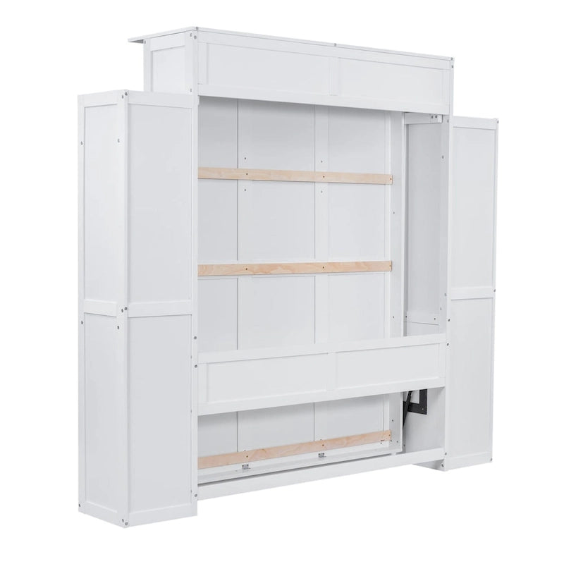 Merax Queen Size Murphy Bed Wall Bed with Shelves and LED Lights