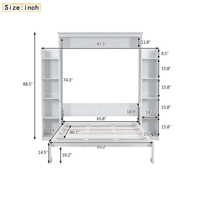 Merax Queen Size Murphy Bed Wall Bed with Shelves and LED Lights