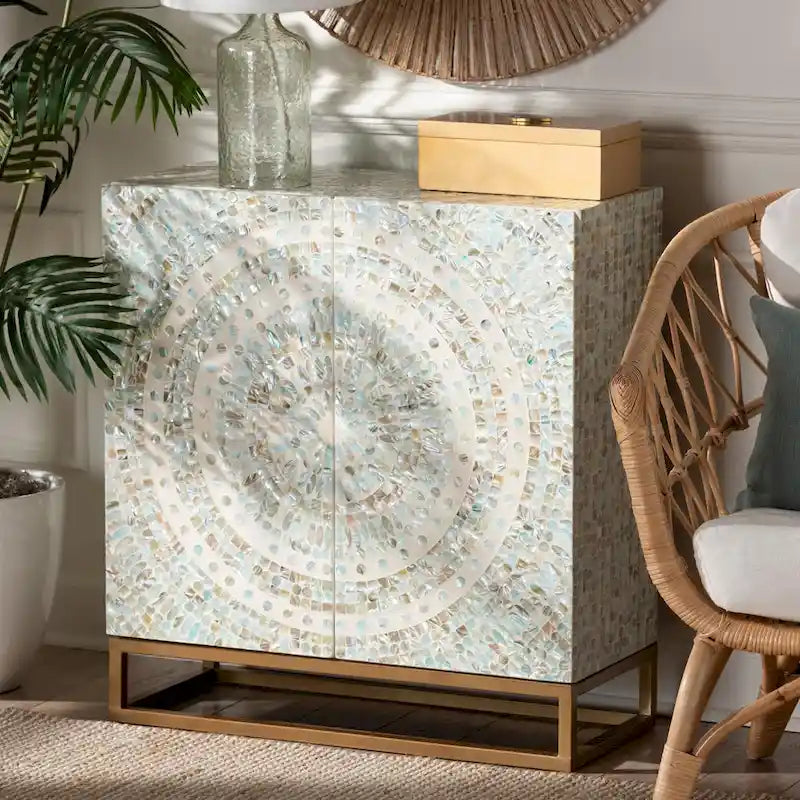 Quintus Modern Bohemian Multicolor Mother of Pearl and Gold Metal Storage Cabinet