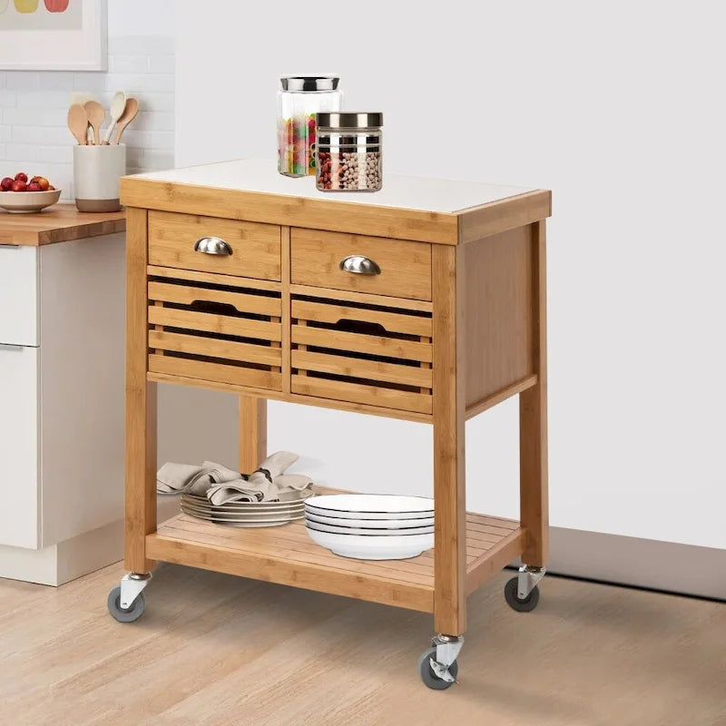 36 Inch Bamboo Kitchen Cart Island, 2 Drawers, Stainless Steel Top, Brown - 22 L x 29 W x 36 H Inches