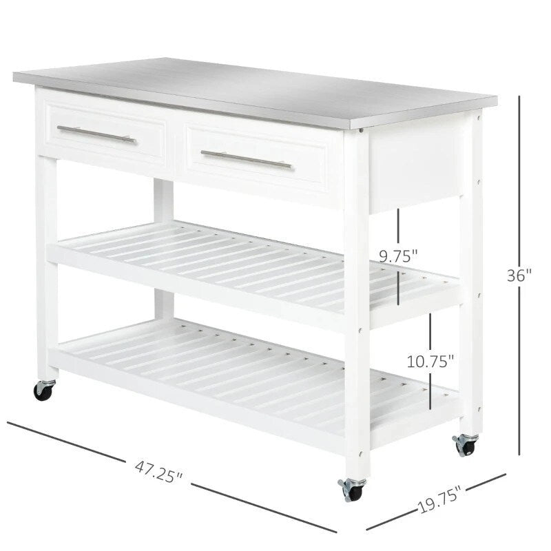 White Rolling Kitchen Island 2 Drawers Storage with Stainless Steel Top - 47.25L x 19.75W x 36 H