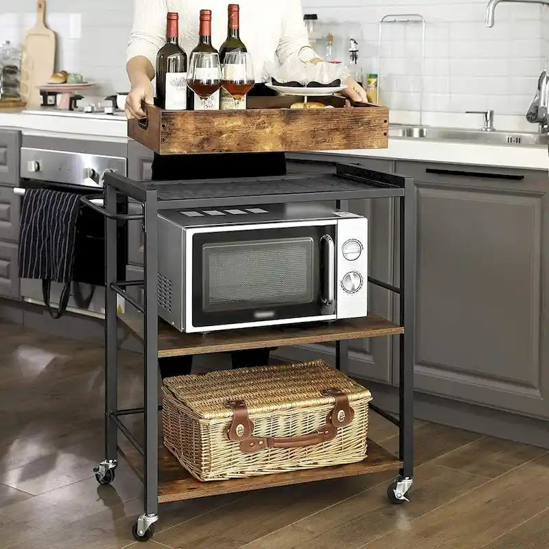 Rustic Brown Black Industrial Bar Cart with Removable Tray 3-Tier Storage and Lockable Wheels