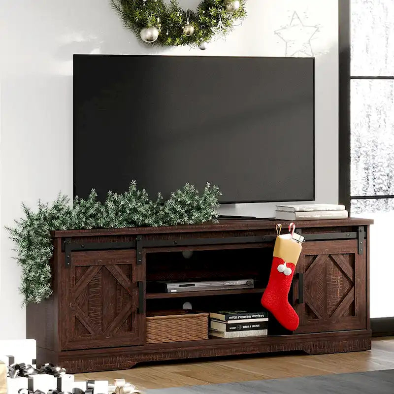 WAMPAT Farmhouse Sliding Barn Door TV Stand