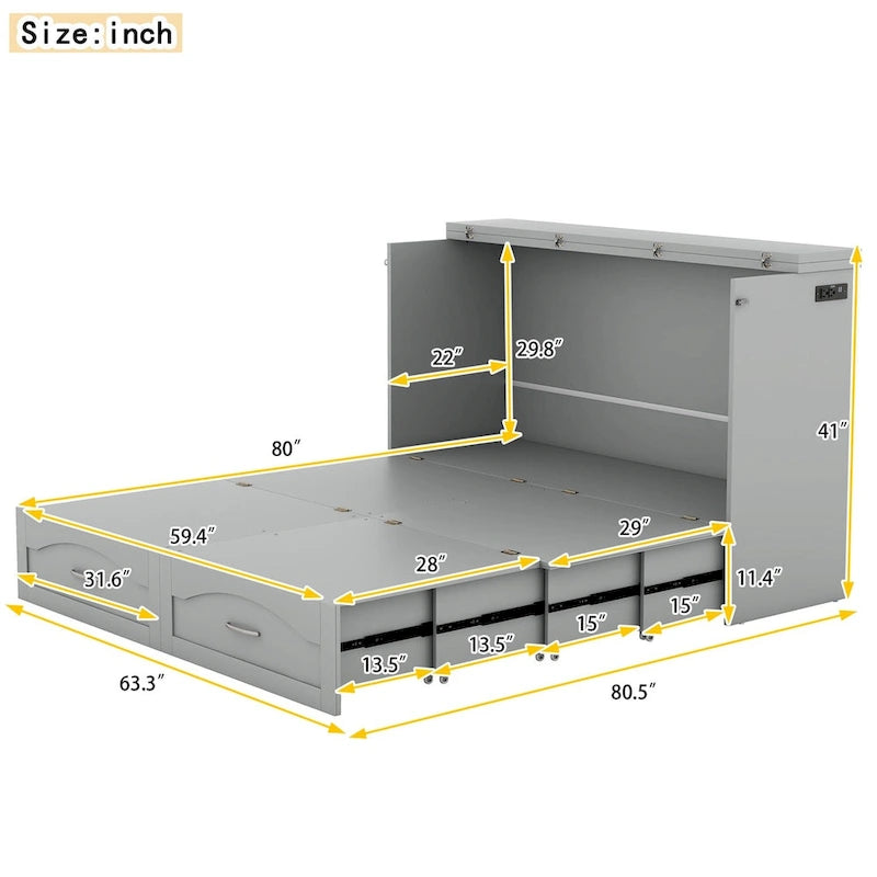 Queen/Full Size Murphy Bed with drawer and a set of Sockets & USB Ports